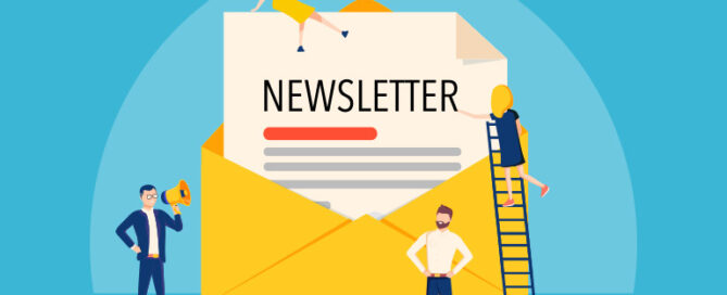newsletter graphic featuring an envelope paper with 'newsletter' and characters around it